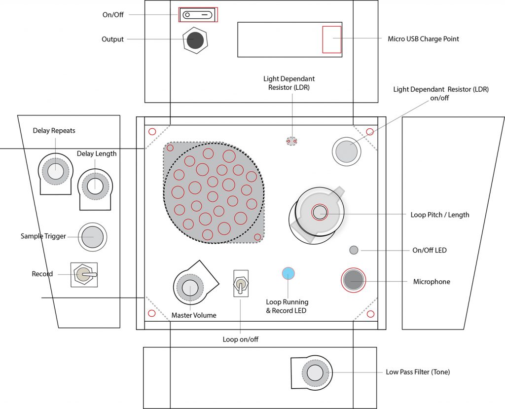 moon canoe sound looper / warper technical drawing with control info