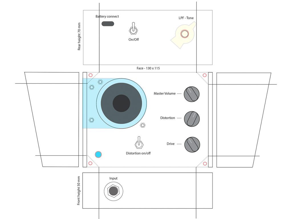 Moon Canoe Brak ver2 portable usb powered practise amp with overdrive switch technical drawing with control information