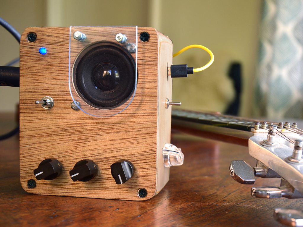 Moon Canoe Brak ver2 portable usb powered practise amp with overdrive switch standing on end