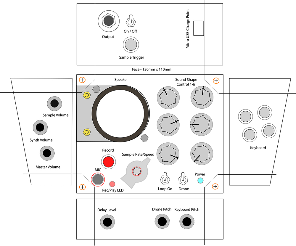 moon canoe fidget - handheld, portable sound synthesiser and looper technical drawing with control information