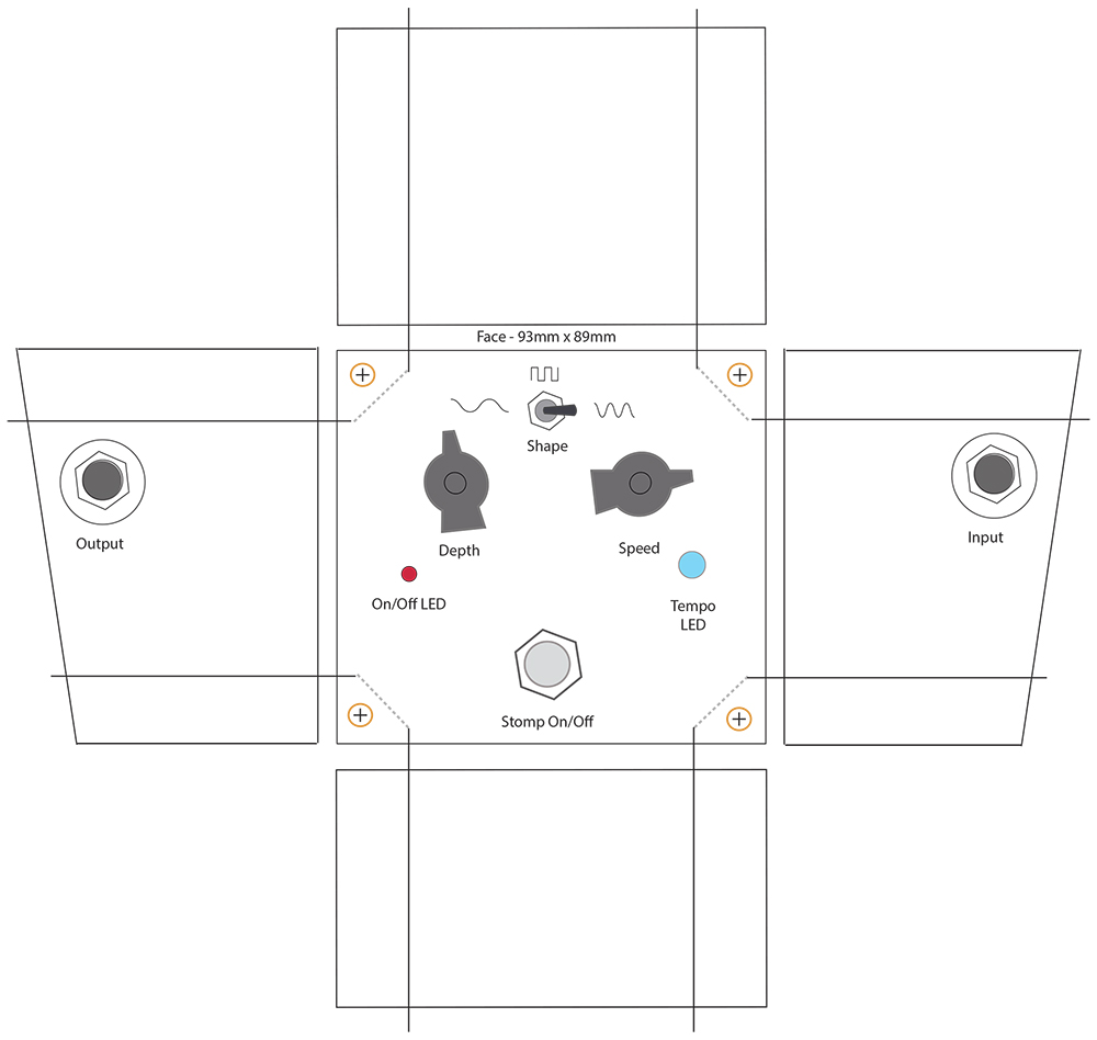 a blueprint style diagram of the MC Tremble Tremelo Pedal with functions marked.